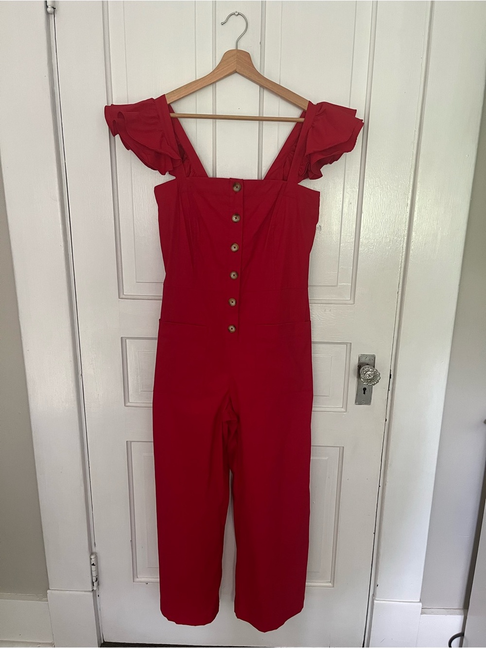 Sea New York Callie Red Ruffle-Shoulder Button Front jumpsuit SZ 8 cottagecore